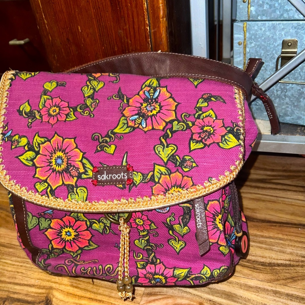 SAKROOTS Multi Color Floral Purple Boho Canvas Convertible BACKPACK BAG PURSE